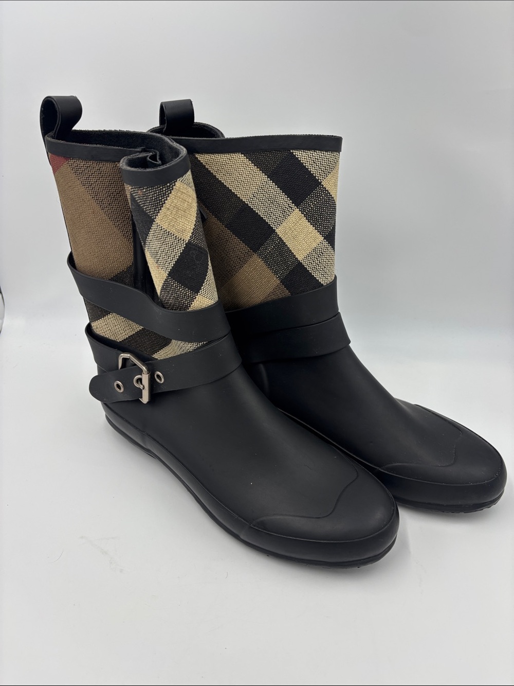 Burberry Black Rubber Rain Boots with Tan & Cream Check Shaft Holloway